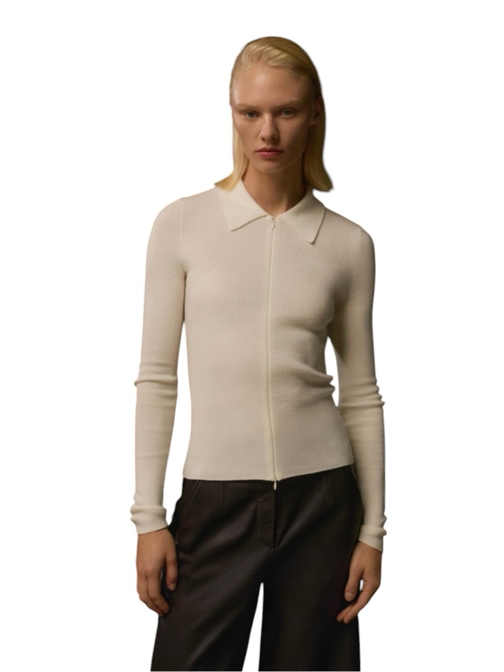 ME+EM - NWT Merino Stretch Rib Collared Two-Way Zip Sweater Cream Sz S